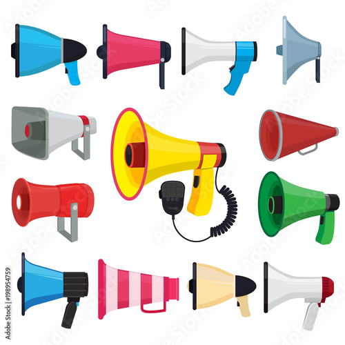 Symbols for promotion and announce. Vector pictures of loud speakers