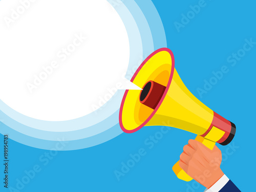 Businessman holding megaphone in hand. Advertising template with picture of sound speaker