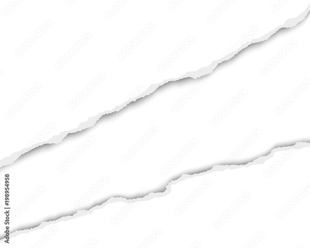 Ripped long hole in sheet of white paper with white resulting background. Vector template paper design.