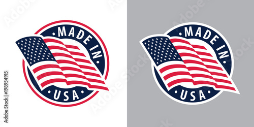 Made in USA (United States of America). Composition with American flag for badge, label, pin, etc. Variants for light and dark backgrounds.
