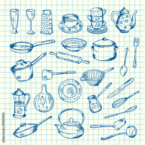 Vector set of kitchen utensils on cell sheet illustration