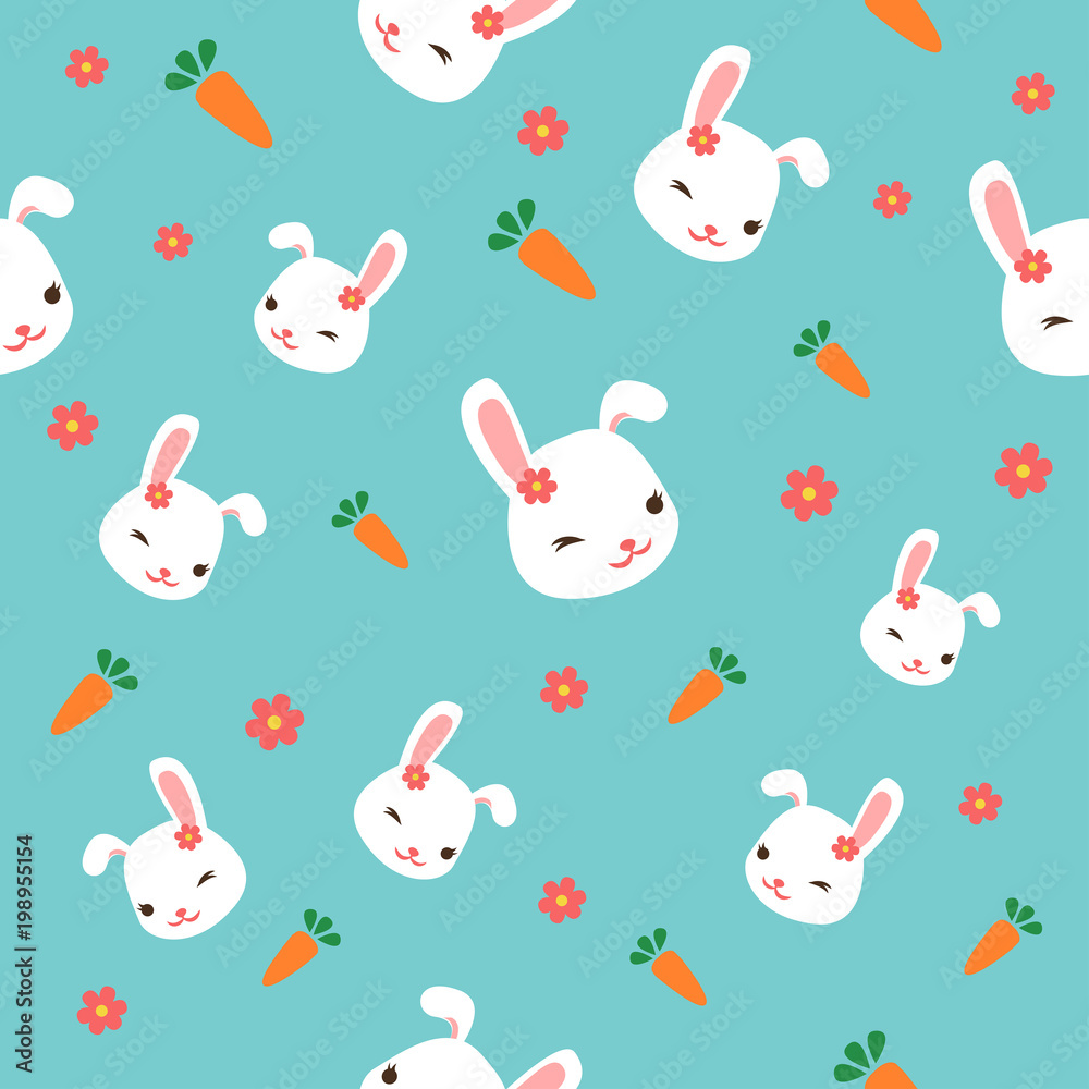 Seamless Bunny pattern with pink flowers, cute rabbit and carrot on cyab background. Vector illustration. Seamless Bunny pattern with pink flowers, cute rabbit and carrot on cyab background. Vector illustration.