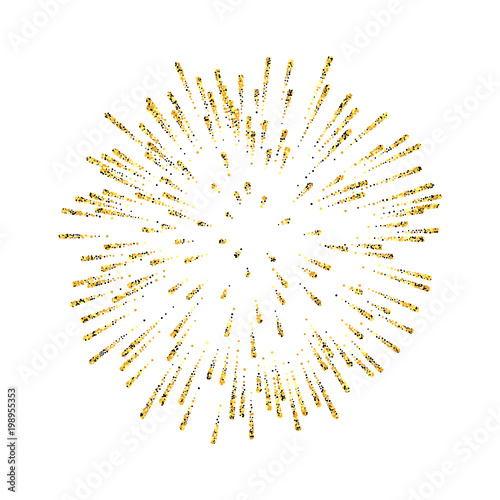 Firework gold isolated. Beautiful golden salute on white background. Bright firework decoration for Christmas card, Happy New Year celebration, anniversary, festival. Vector illustration