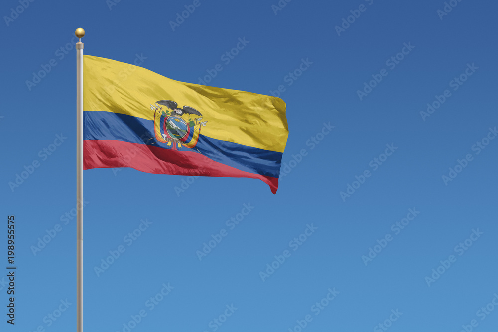 Flag of Ecuador in front of a clear blue sky Flag of Ecuador in front of a clear blue sky