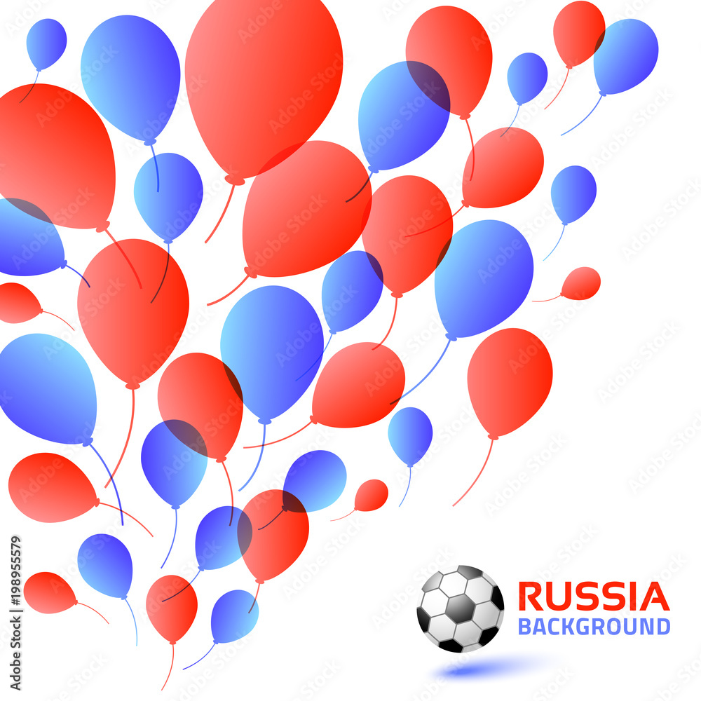 Balloons blue red color Background. Russia 2018 flag colors. Soccer ball icon. Vector illustration.
