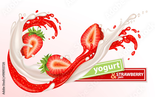 Strawberry jam and yogurt. Fruits and splashes. Splashes of milk and Strawberry jam are intertwined. Transparent Red splash. Realistic vector, package design.