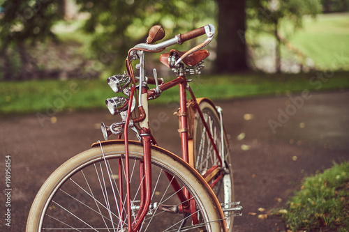 Image of a red vintage bicycle in a city park.