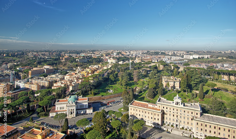 View on the vatican gardens and the city of Rome from top of the St. Peter's Basilica. Vatican, Rome, italy.