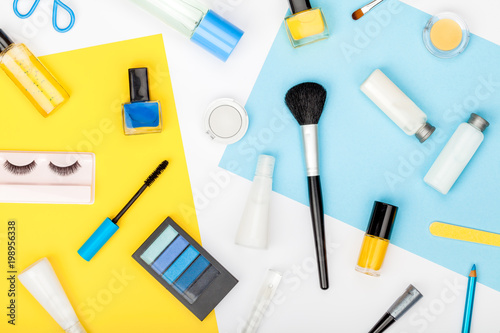 set of professional decorative cosmetics, makeup tools and accessory on white background. beauty, fashion, party and shopping concept. trendy flat lay composition, top view