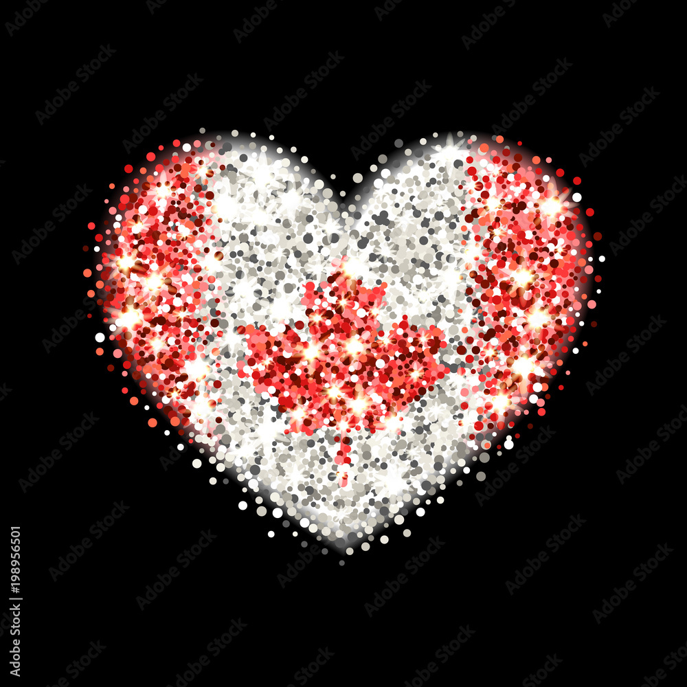 Canada flag sparkling badge in heart shape. Icon with Canadian national colors with glitter effect. Button design. Vector illustration. One of a series of signs Canada flag sparkling badge in heart shape. Icon with Canadian national colors with glitter effect. Button design. Vector illustration. One of a series of signs