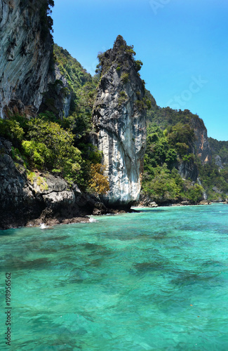 Typical limestone karst rock formations.  Maya Bay  Phi Phi Leh  Thailand