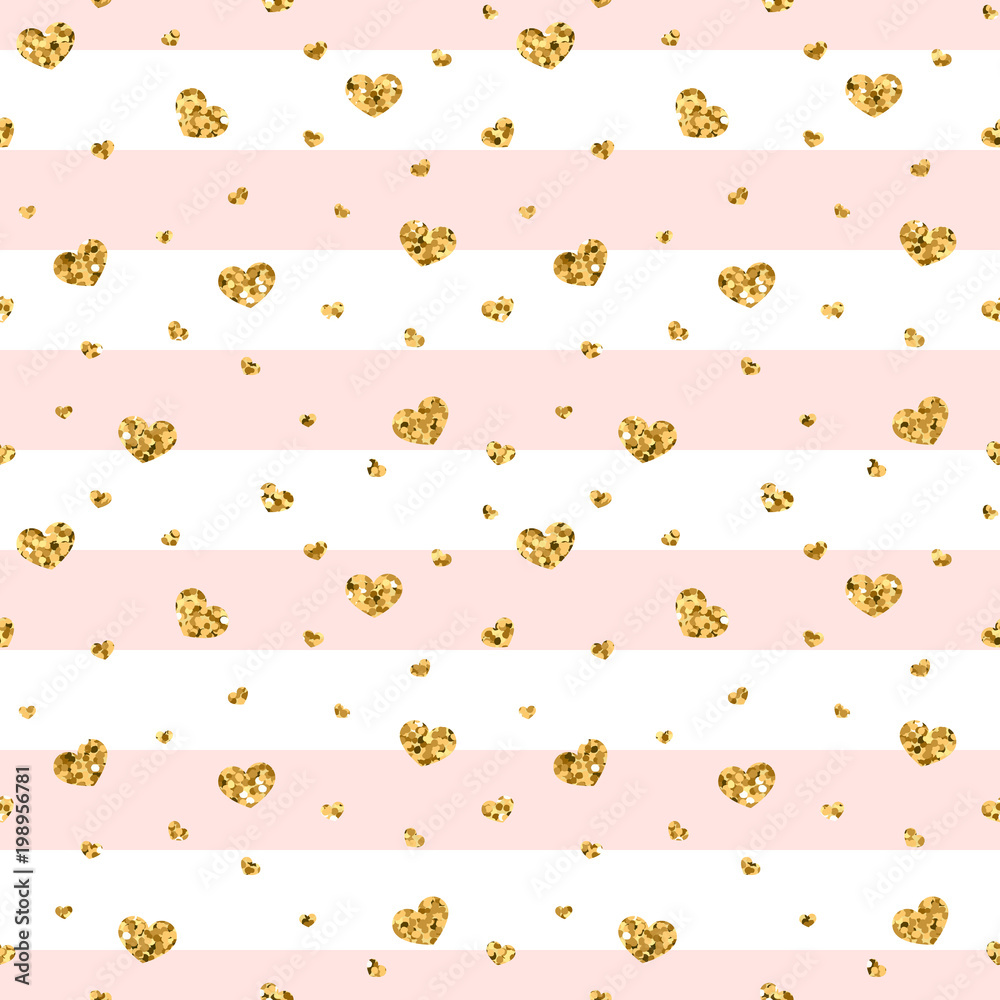 Gold heart seamless pattern. Pink-white geometric stripes, golden confetti-hearts. Symbol of love, Valentine day holiday. Design wallpaper, background, fabric texture. Vector illustration