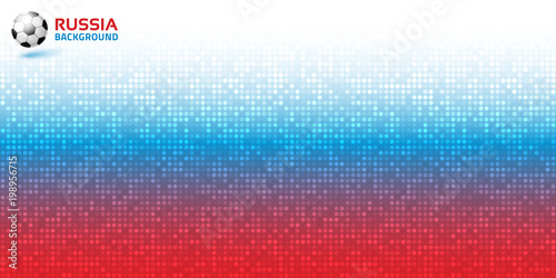 Gradient pixel digital red blue horizontal background. Russia 2018 flag colors. Soccer ball icon. Vector illustration.