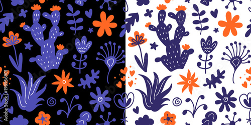 Floral seamless pattern with colorful hand drawn wild cactus flowers