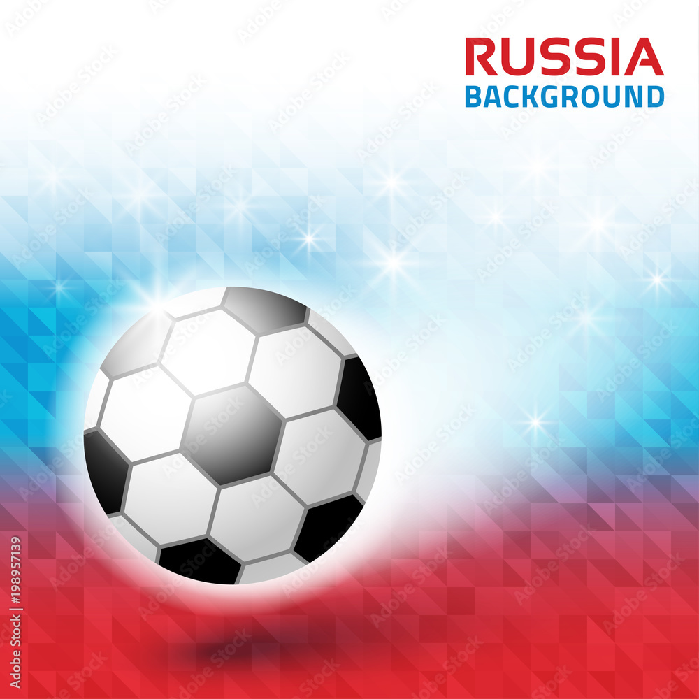 Obraz premium Bright geometric background. Russia 2018 flag collors . Soccer ball icon. Vector illustration.