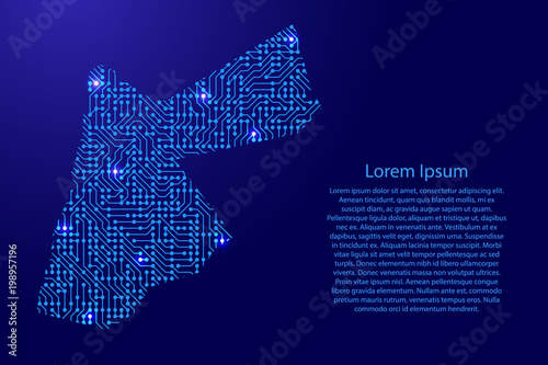 Map Jordan from printed board, chip and radio component with blue star space on the contour for banner, poster, greeting card, of vector illustration.
