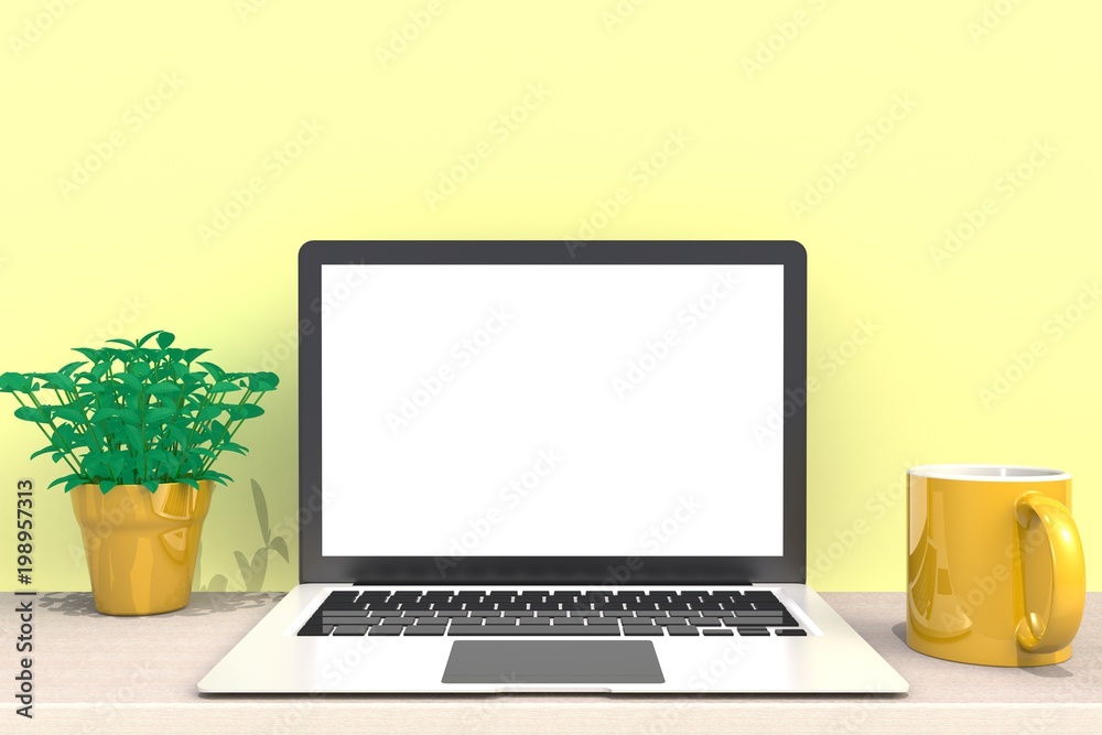 Fototapeta premium Computer Network Connection Digital Technology, Coffee cup with laptop computer white blank screen on wood work table front view, Isolated on yellow background, 3D rendering