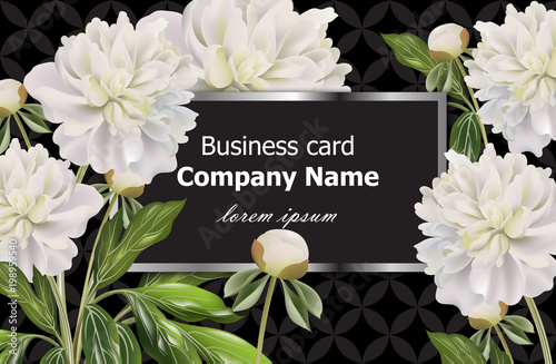 Business card with white peony flowers. Vector realistic floral decor, 3d ill...