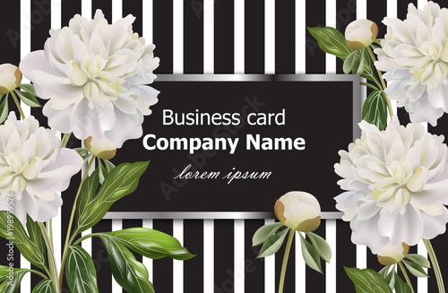Vintage Business card with white peony flowers on striped background. Vector realistic floral decor, 3d illustrations