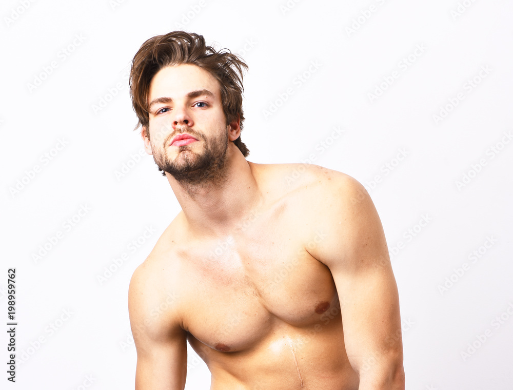 Man with beard and naked torso on white background. Man with beard and naked torso on white background.