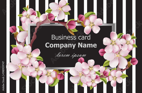 Business card cherry blossom flowers on striped texture. Vector background ho...