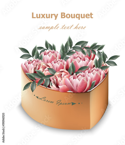 Peony flowers bouquet Vector. Floral decor in a gift boxes