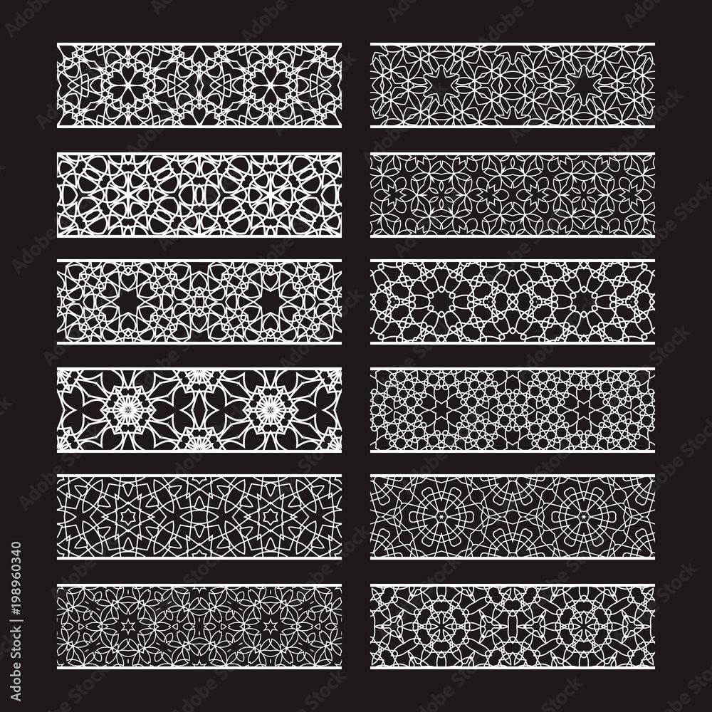 Patterned elements for vector brushes creating. Borders templates kit for frames design and page decorations. Patterned elements for vector brushes creating. Borders templates kit for frames design and page decorations.