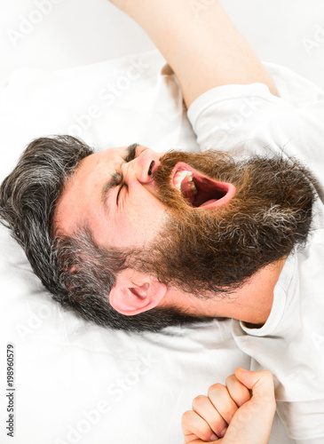 Man slept well, white background. Good morning concept. photo