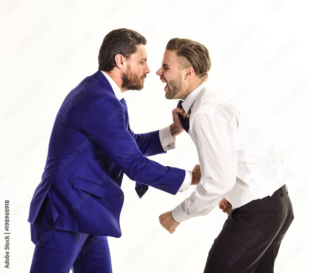 Business conflict concept. Boss and employee with aggressive expression fight.