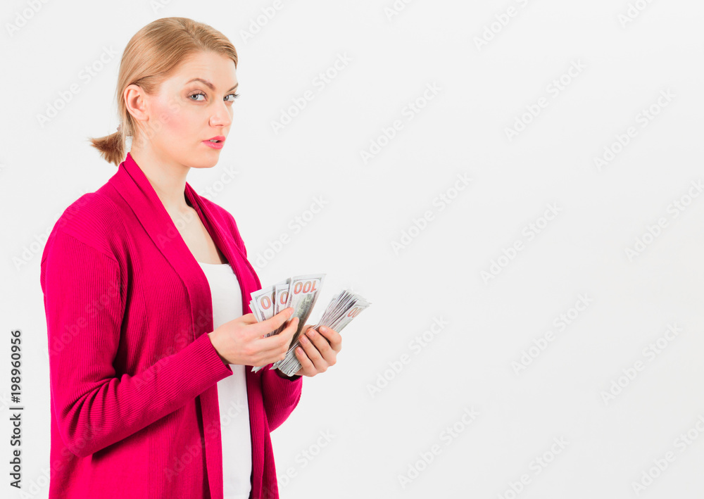 Business lady holds cash, banknotes in hands, copy space. Business lady holds cash, banknotes in hands, copy space.