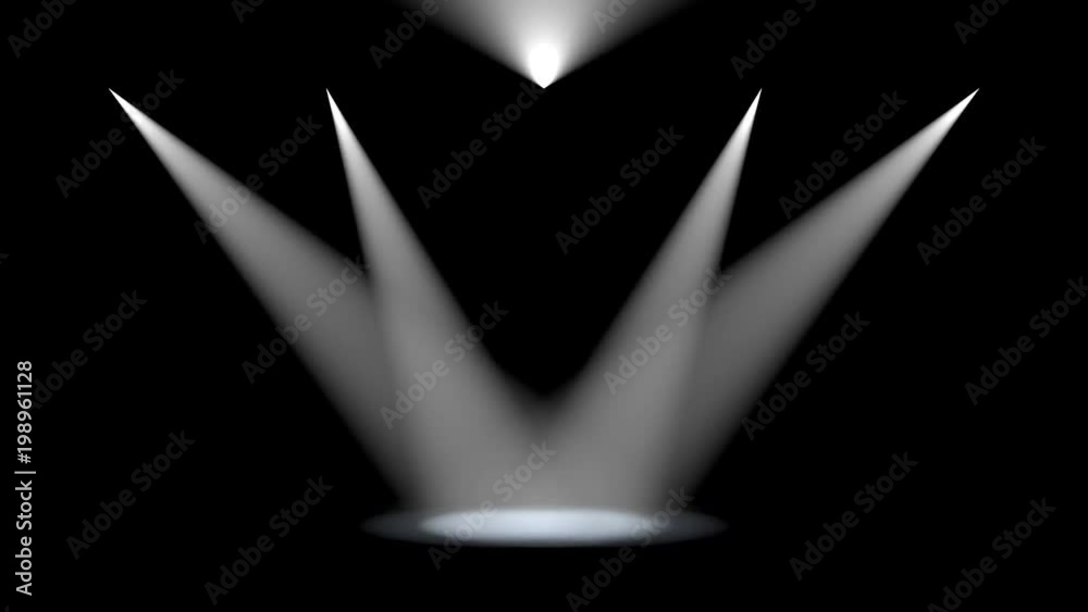 Five white spotlights angled to converge shining down in the centre of an empty stage at night with a smoky atmosphere conceptual of a show, performance, theatre, concert or event as 3D rendering