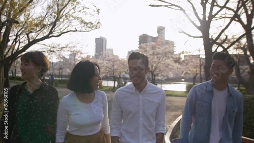 Beautiful friends walking trough cherry blossom park in spring.