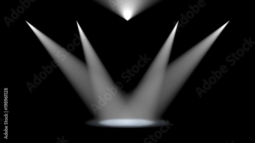 Five white spotlights angled to converge shining down in the centre of an empty stage at night with a smoky atmosphere conceptual of a show, performance, theatre, concert or event as 3D rendering photo
