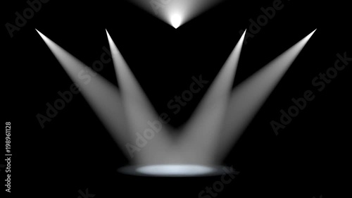 Five white spotlights angled to converge shining down in the centre of an empty stage at night with a smoky atmosphere conceptual of a show, performance, theatre, concert or event as 3D rendering