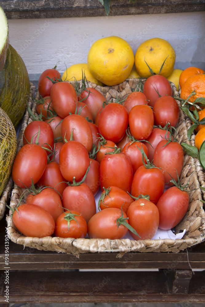 Red Plum Tomatos on Market Stall; Majorca