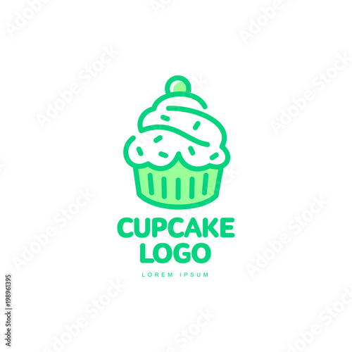 Cupcake sweet dessert food bright line logo icon. Adhesive sticker, label, tag cream pastry decoration element for celebration party design, bakery store. Vector flat style isolated illustration.