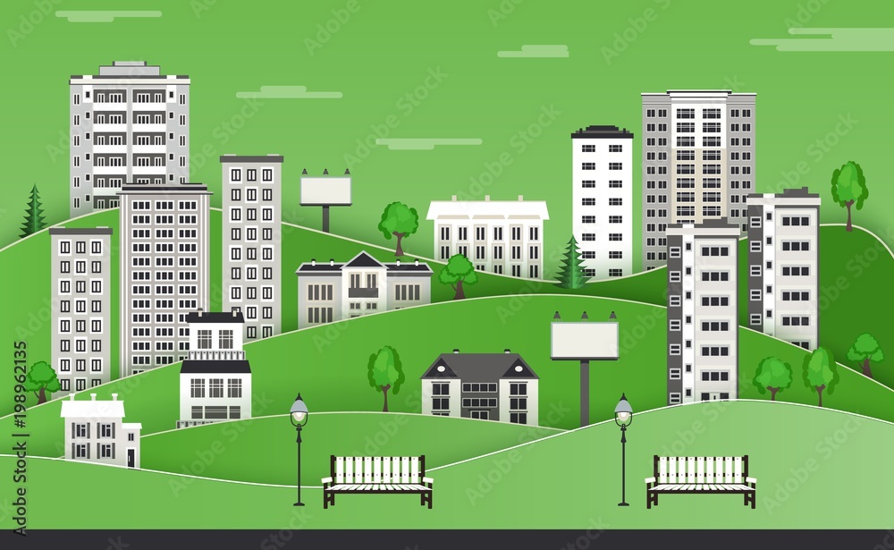 Green paper city skyline background with multistorey apartment houses and office buildings, benches and lampposts in public park - flat colorful city landscape . Vector illustration.