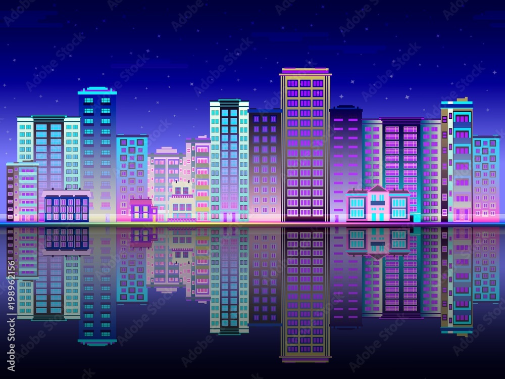 Night city in lights skyline with multistorey buildings standing on river bank and reflection in water. Beautiful luminous town landscape in evening time. Flat vector illustration.