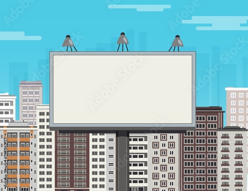 Cityscape with big white billboard - copy space on blue sky background with clouds. Flat colorful city landscape with multistorey apartment and office buildings. Vector illustration.