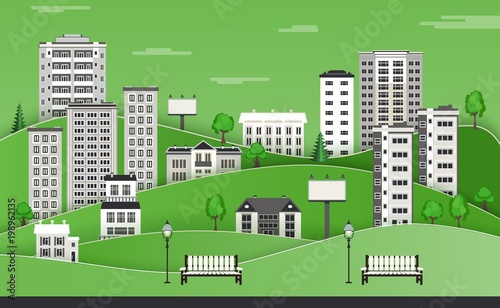 Green paper city skyline background with multistorey apartment houses and office buildings, benches and lampposts in public park - flat colorful city landscape . Vector illustration.