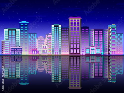 Night city in lights skyline with multistorey buildings standing on river bank and reflection in water. Beautiful luminous town landscape in evening time. Flat vector illustration.