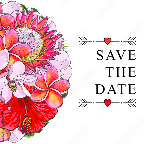 Wedding invitation with tropical flowers isolated on white background. Sketch...