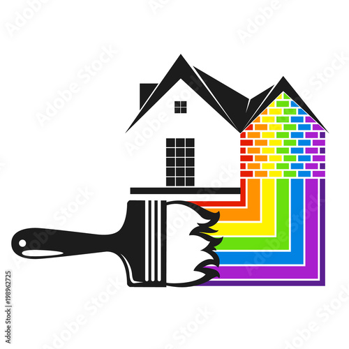 Brush with colored paint and house