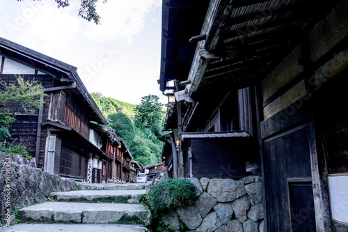 Kiso valley is the old  town or Japanese traditional wooden buildings for the travelers walking at historic old street  in Narai-juku , Nagano Prefecture, JAPAN.