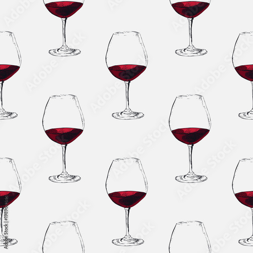 Hand-drawn sketch of wine glass. Seamless glassware background. Glassware pattern.