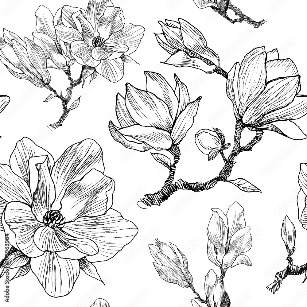Naklejka premium Ink, pencil, the leaves and flowers of Magnolia. Seamless pattern background. Hand drawn nature painting. Freehand sketching illustration