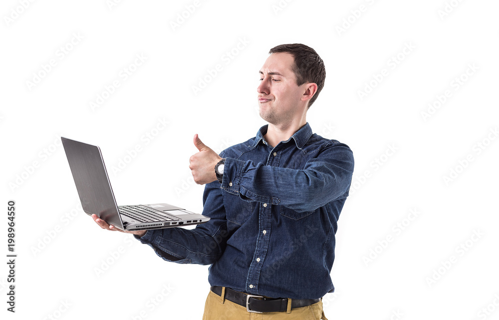 young programmer (man) holding a laptop in hands and talking on skype with friends isolated on white background. Copy space young programmer (man) holding a laptop in hands and talking on skype with friends isolated on white background. Copy space