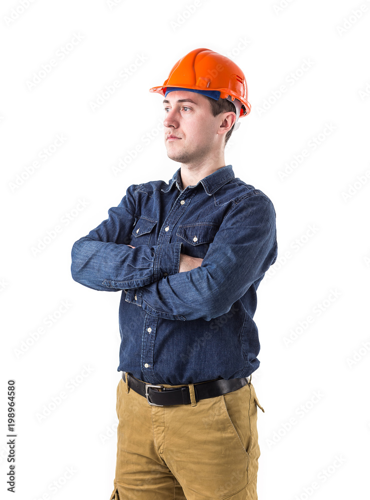 Portrait of repairman (builder) in helmet isolated on white background Portrait of repairman (builder) in helmet isolated on white background