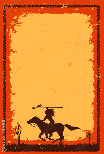 Silhouette of Native American Indian riding horseback with a spear banner, vector