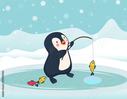 penguin fisherman caught fish